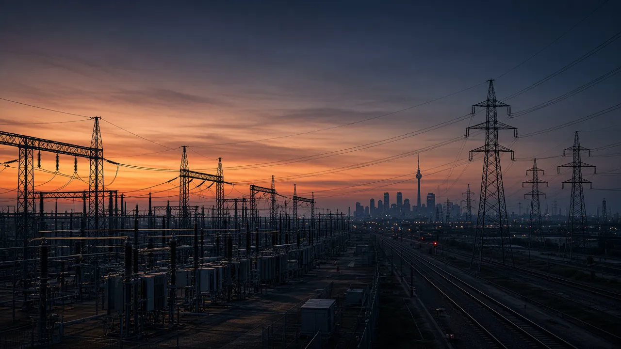 Illustrative electrical substation, transmission towers, and a rail line at dusk.