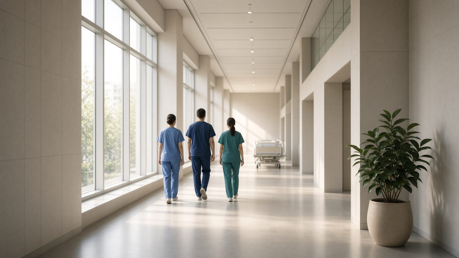 Clinical staff moving through a hospital corridor.